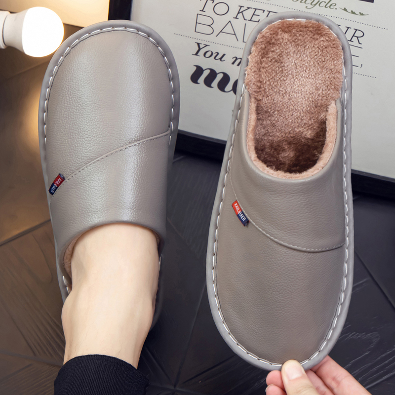 秋冬居家男女保暖包头真皮棉拖鞋
