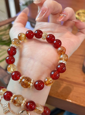天然黄塔晶黄水晶招财手链女时尚高级感轻奢红玛瑙红胶花水晶手串