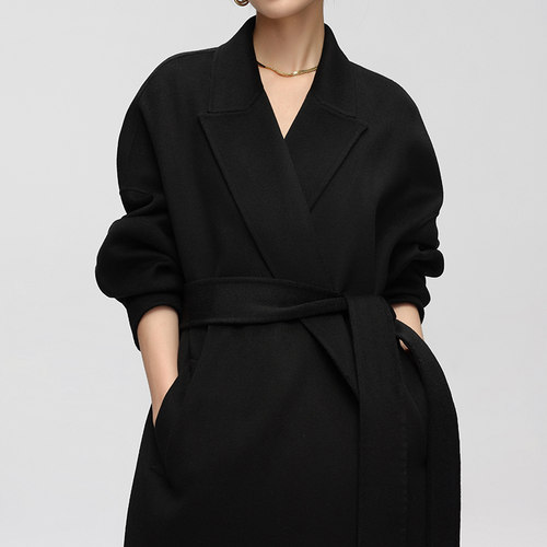 黑色浴袍款双面羊绒羊毛呢子大衣