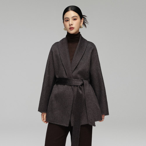 时尚简约咖色双面羊绒羊毛大衣女