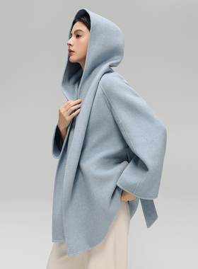 CHIIYEAR池也 极简蓝色双面羊绒大衣女连帽25冬新小个子羊毛外套