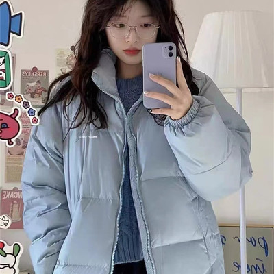 羽绒服女2023年新款韩版短款小个子宽松加厚情侣立领白鸭绒面包服