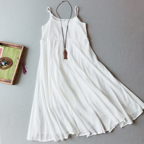 文艺森系棉麻内搭仙女风中长裙