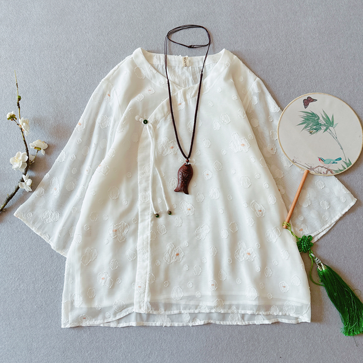 春夏花朵刺绣雪纺盘扣圆领上衣女中国风复古文艺双层茶服宽松衬衫
