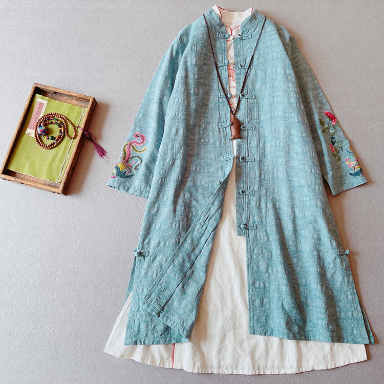 民族风复古刺绣棉麻上衣女春秋中长款盘扣开衫中国风薄款风衣外套