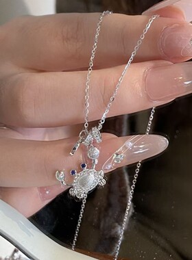 超有钱！镶钻螃蟹925纯银项链