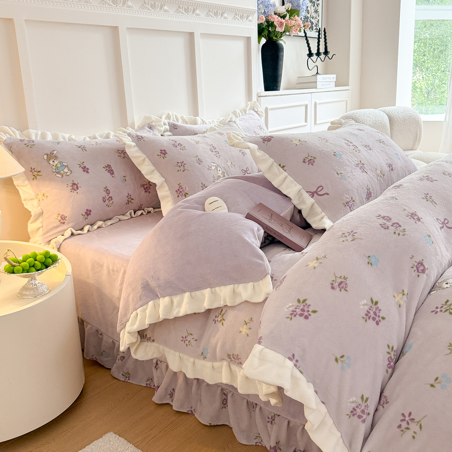 法式牛奶绒四件套花边珊瑚绒被套床盖冬季保暖床笠床单加绒加厚