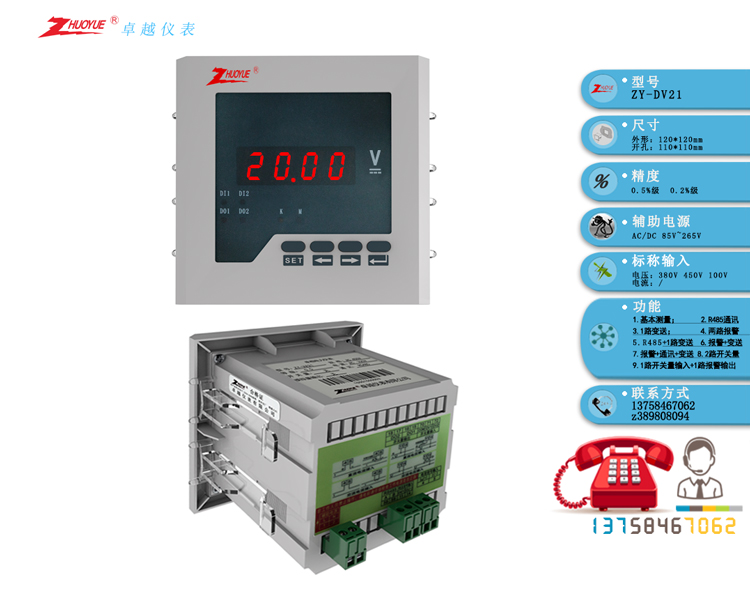 ZY-DV21 42C3数字数显直流电压表20V(1路开关量输入+1路报警输出)