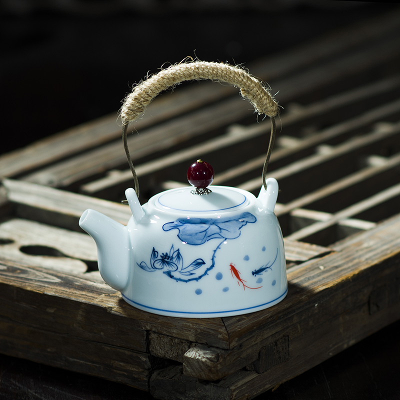 手工提梁壶青花瓷陶瓷手绘小号
