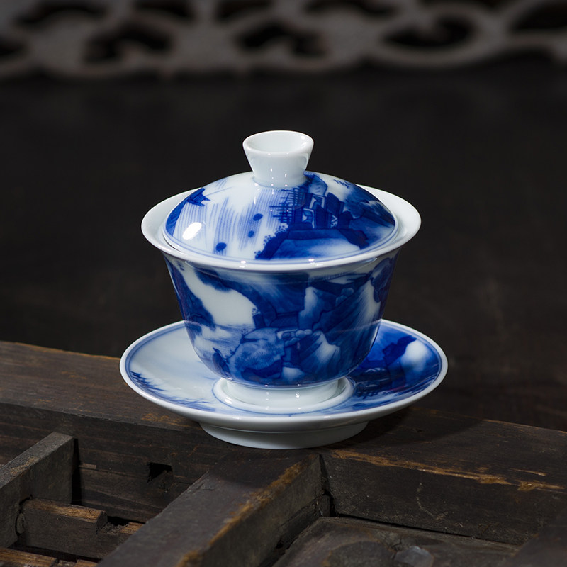 盖碗陶瓷三才茶碗青花瓷釉下彩仿古山水釉里红缠枝纹高档景德镇制