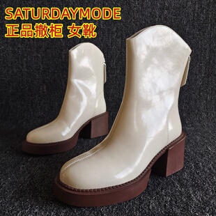 SATURDAYMODE品牌断码处理真皮女靴粗高跟后拉链欧美风马丁靴街拍