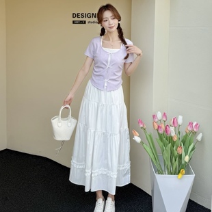 2026夏季新款女装时尚甜美套装假两件拼接上衣白色半身长裙两件套