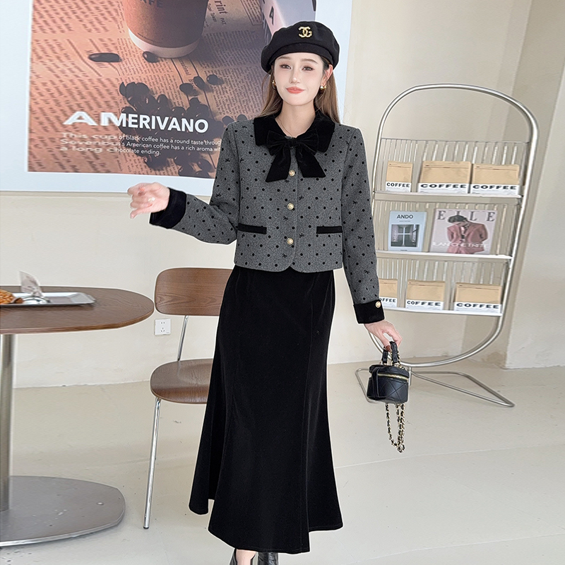 小香风外套两件套女秋冬新款名媛时尚高级感长款鱼尾裙子气质套装