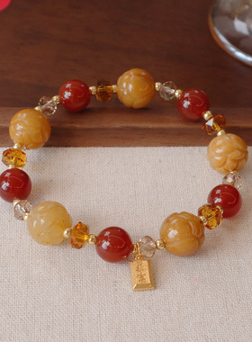 天然黄翡莲花珠红玛瑙福牌手链