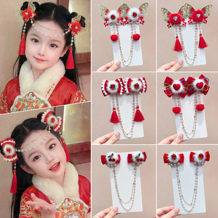 蝴蝶结爱心额头链发夹儿童红色新年头饰前额女童古风汉服过年发饰