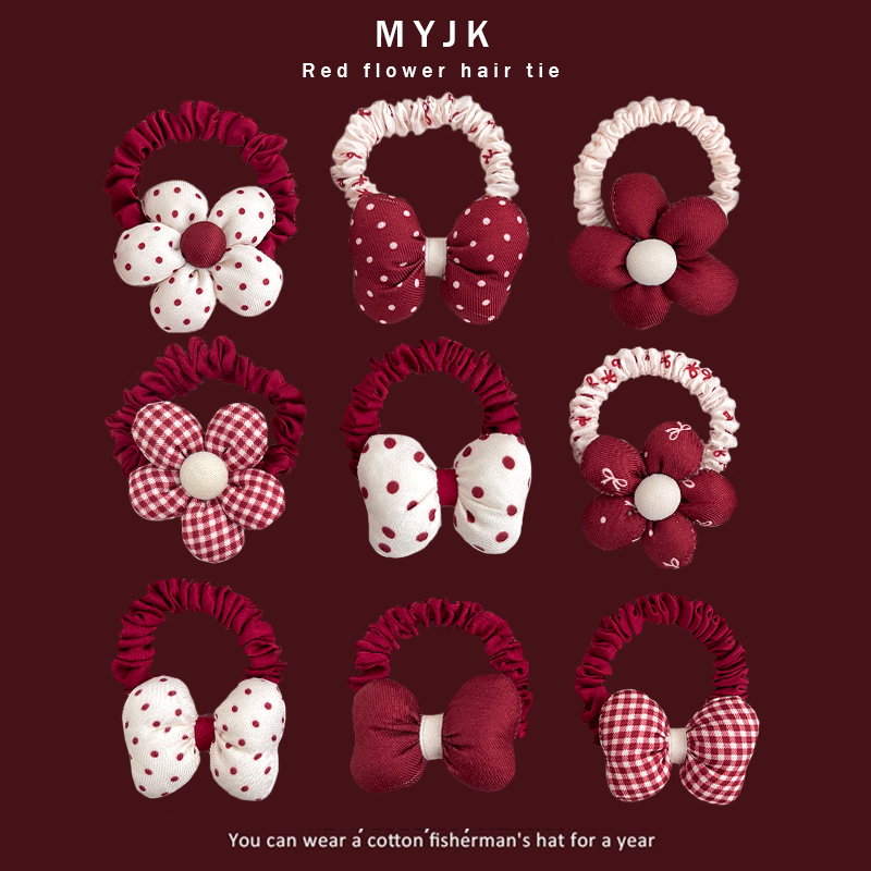 莓红波点布艺发圈高弹力扎皮筋不伤发头绳简约可爱蝴蝶结花朵发绳