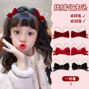 丝绒珍珠发夹儿童双面蝴蝶结立体顶夹可爱兔耳朵公主宝宝新年头饰