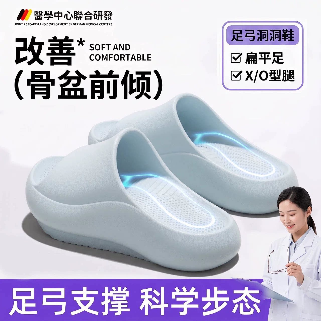 德国足弓支撑负跟拖鞋女款夏季2026新款居家防滑防臭扁平足凉拖男