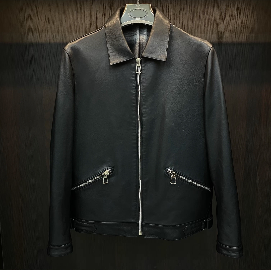 海宁真皮皮衣男士山羊皮机车服春秋短款翻领修身休闲斜拉链皮夹克