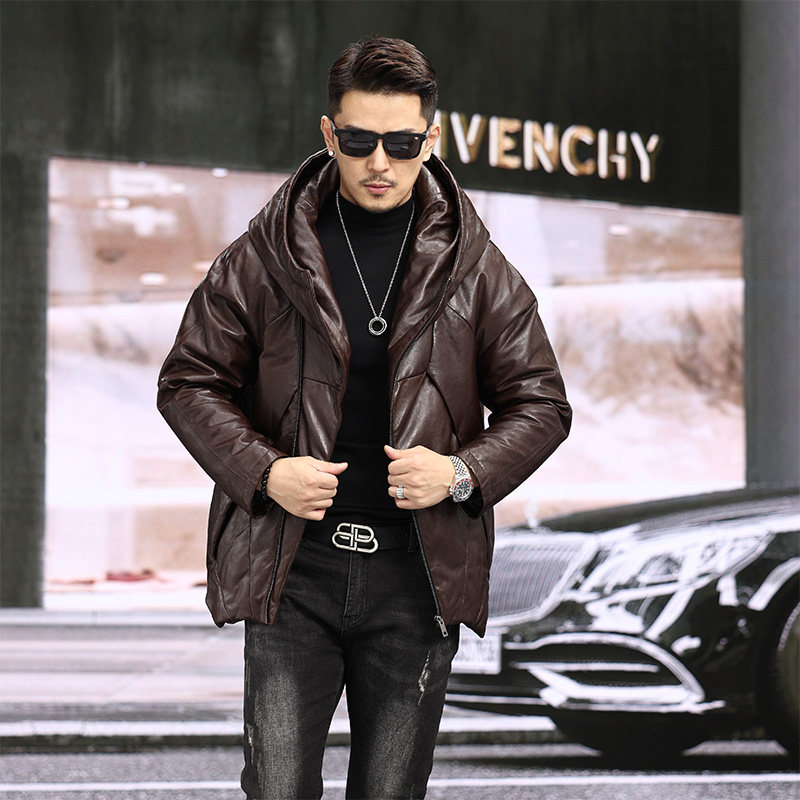 海宁真皮皮衣男头层绵羊皮连帽小众斜门襟时尚真皮羽绒服休闲外套