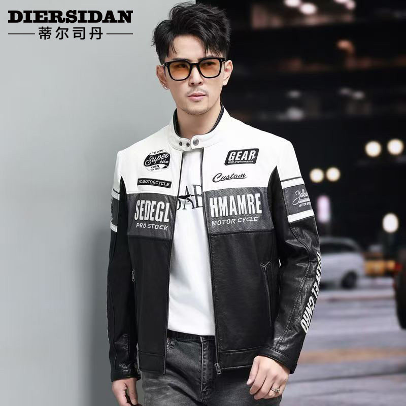 真皮皮衣男牛皮立领短款皮夹克机车服撞色修身刺绣袖标骑行服外套