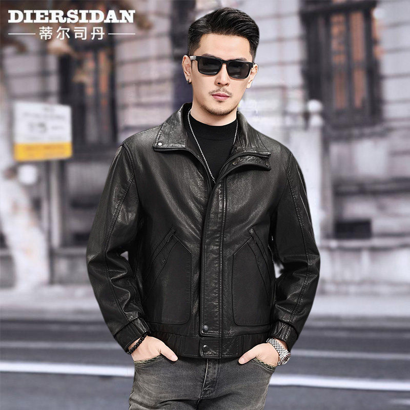 海宁油蜡头层牛皮外套男猎装真皮皮衣短款翻领休闲机车服皮夹克