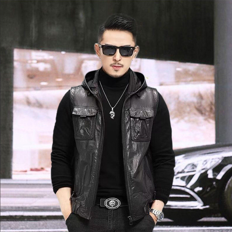 头层牛皮机车风连帽真皮马甲男士黑色修身皮衣背心多口袋夹克外套