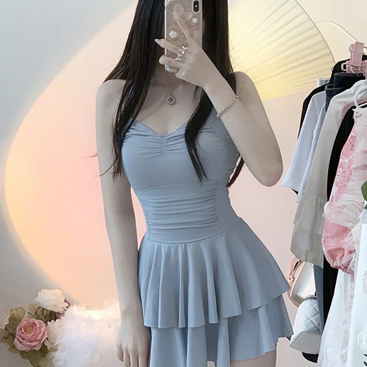 泳衣仙女连体纯色保守微胖显瘦少女甜美学生纯欲温泉泳衣厂家批发