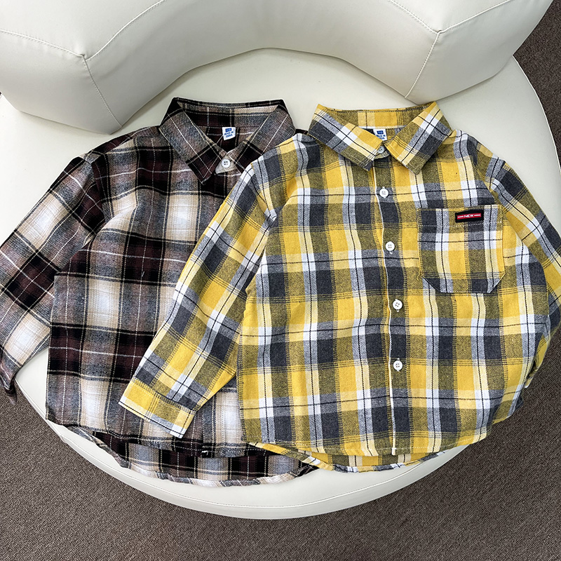 中大童男孩格子衬衫磨毛纯棉翻领上衣秋季打底衬衫
