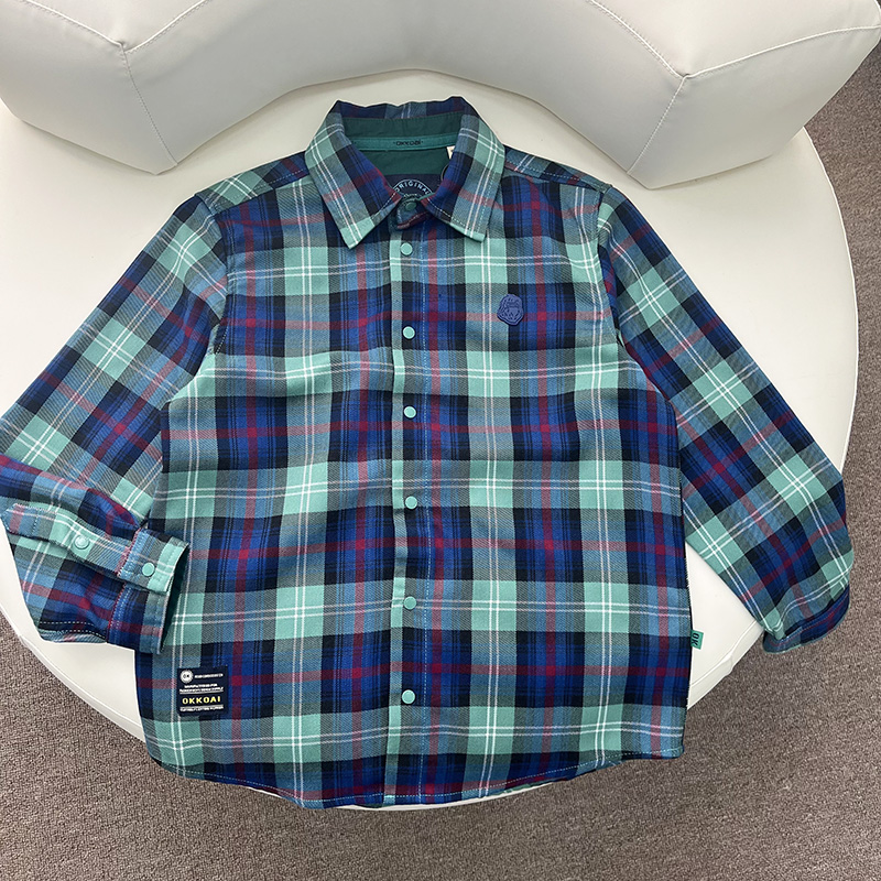 男童春秋款格子衬衫中大童翻领绿色格子衬衣