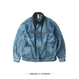 AW日系复古男款短款拉链口袋四袋洗水猫须柔软牛仔外套夹克牛仔衣
