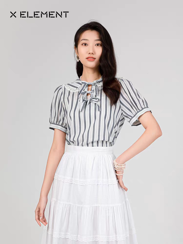 自然元素2025夏新款上衣女娃娃领系带小衫衬衣设计感小众条纹衬衫