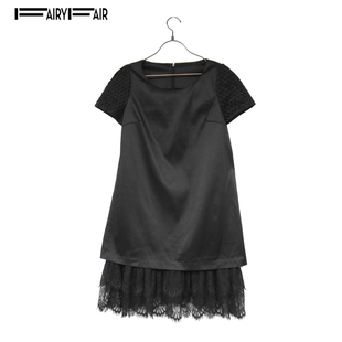 秋季新品 Fairyfair专柜黑色蕾丝双层高端短袖连衣裙职业裙