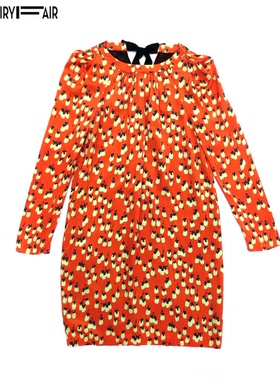 Fairyfair专柜正品樱桃橙色花色桑蚕丝重磅真丝高端长袖连衣裙