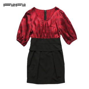 新款特价  fairyfair正品  黑底红花拼接中袖连衣裙