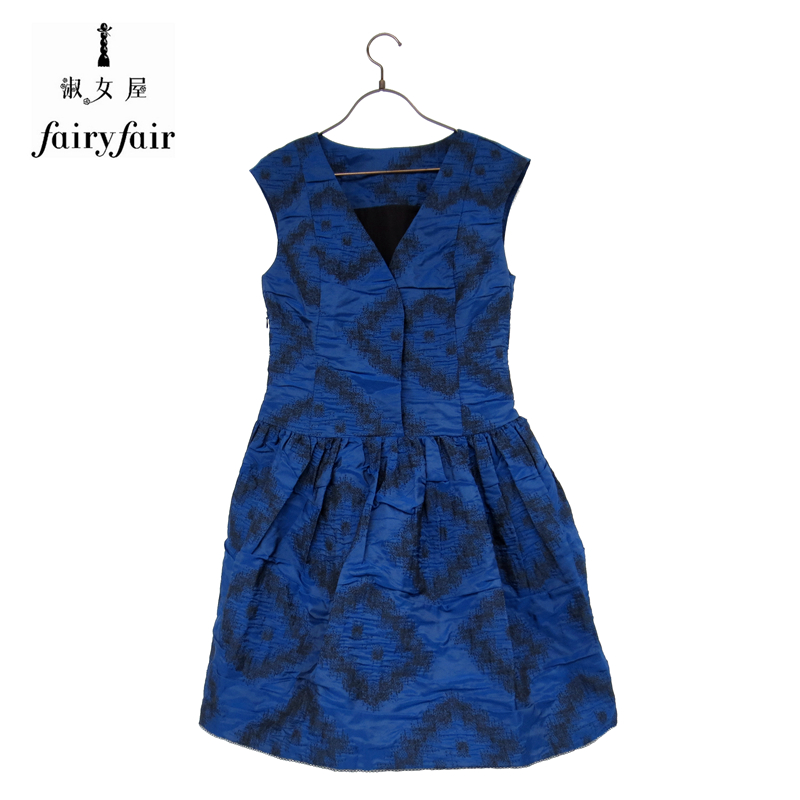 新品特 Fairyfair专柜正品黑底蓝提花大牌时尚气质无袖蓬蓬连衣裙