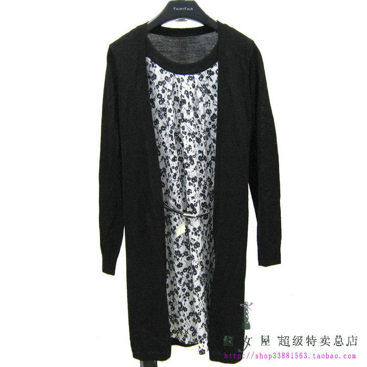 春季 Fairyfair正品高端毛线拼接重磅花色真丝假两件长袖连衣裙