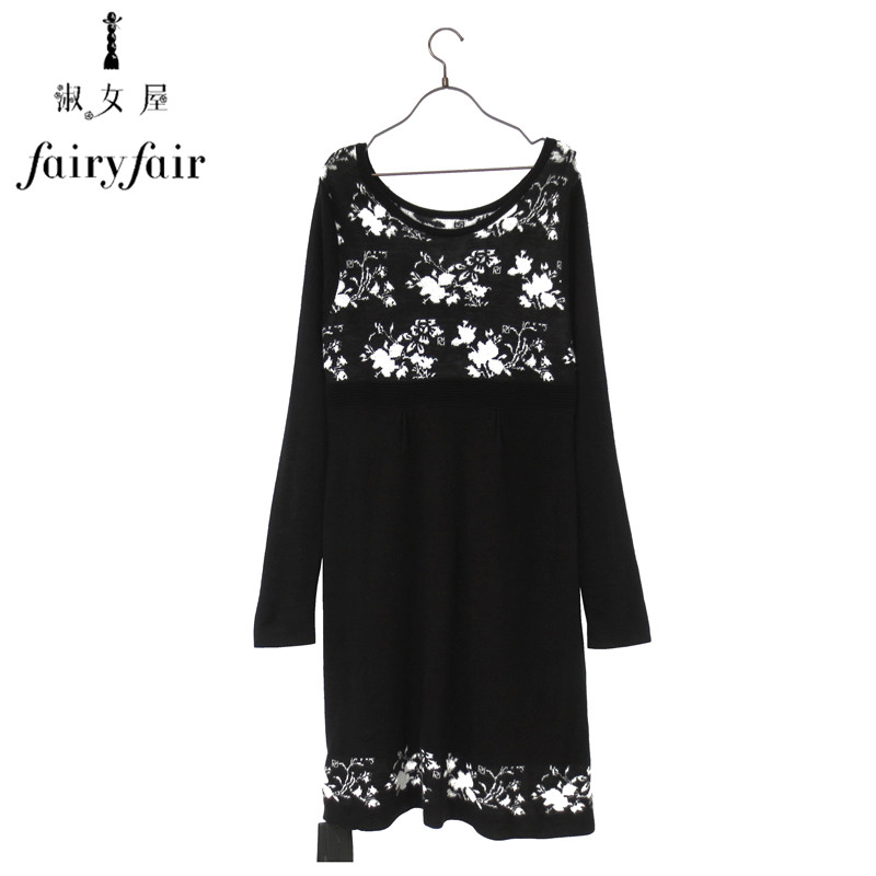 春季新品 FAIRYFAIR专柜正品黑色高端提花中长款长袖羊毛裙毛线裙
