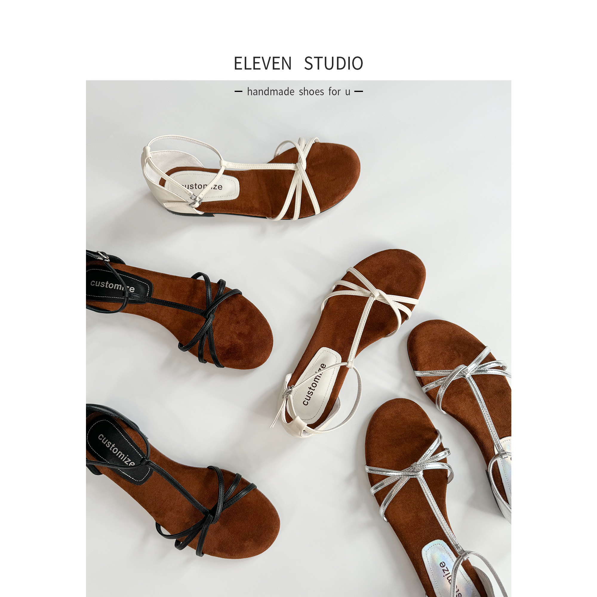 【Eleven‘shoes】2CM 法式真皮露趾简约平底凉鞋女夏季/浪漫假日