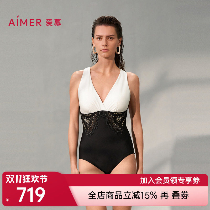 爱慕繁华之上女士夏季沙滩海边游泳性感深V连体泳衣AM689741