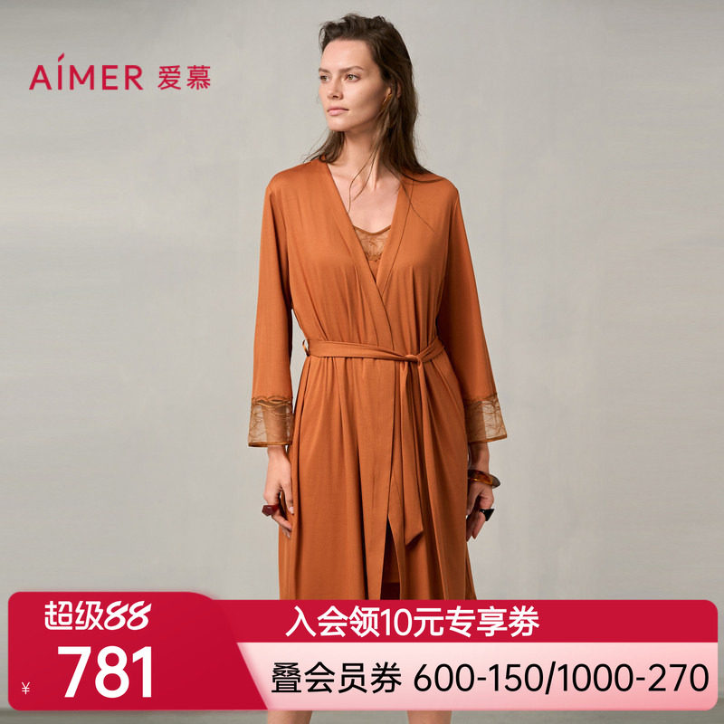 爱慕梦远星河睡衣女秋冬薄款蕾丝晨袍睡袍AM48A041