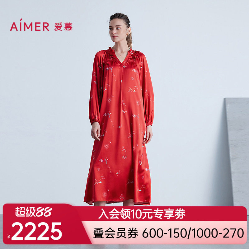 爱慕新品秋冬日照金山开运系列女士睡衣含红色九分袖中长睡裙
