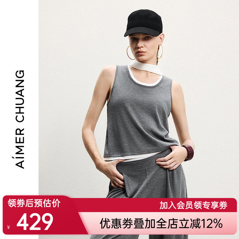 AIMER CHUANG槿言女士春夏羊毛混纺圆领无袖打底上衣CA722241