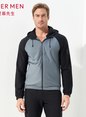 aimer men爱慕先生酷感运动帽衫灰黑中绒插肩拉链长袖NS62C848