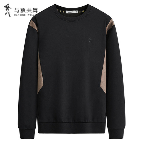 与狼共舞圆领撞色卫衣男2025春季新款宽松套头休闲百搭长袖上衣
