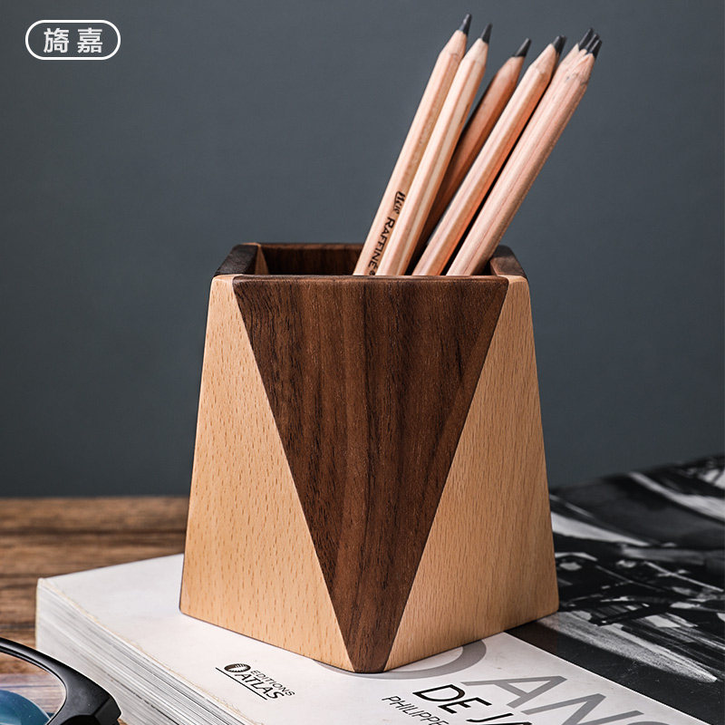 黑胡桃木笔筒新中式木质笔筒复古风木制笔筒欧式创意实木笔筒原木