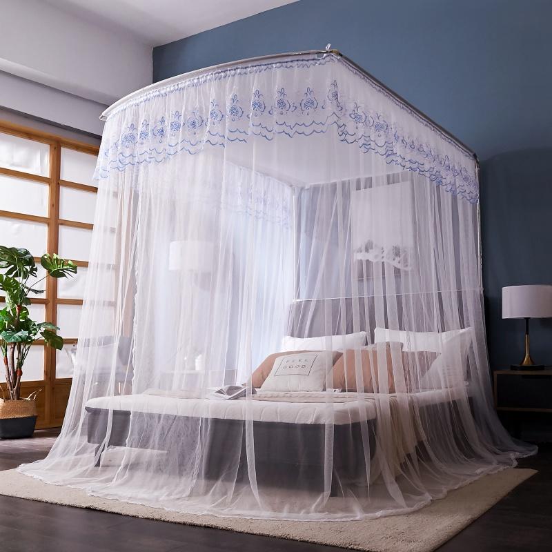 蚊帐u型可伸缩家用落地1.5m1.8床2米公主风欧式纹账加密支架落地