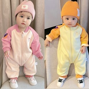 秋冬款男女童宝宝衣服多巴胺加绒保暖婴儿连体衣长袖春秋薄绒外套