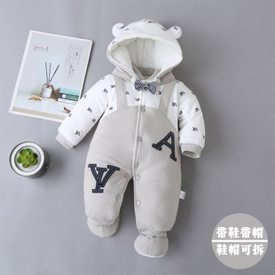 冬季男童外套加绒保暖婴儿衣服带鞋带帽冬装宝宝连体哈衣加厚棉服