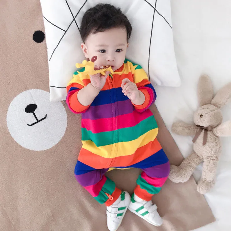 彩虹爬服纯棉条纹糖果色外套哈衣